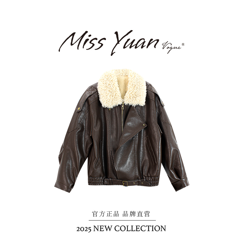 M.Y 媛总 2025冬季加绒翻领皮衣夹克美式复古机车风宽松百搭外套