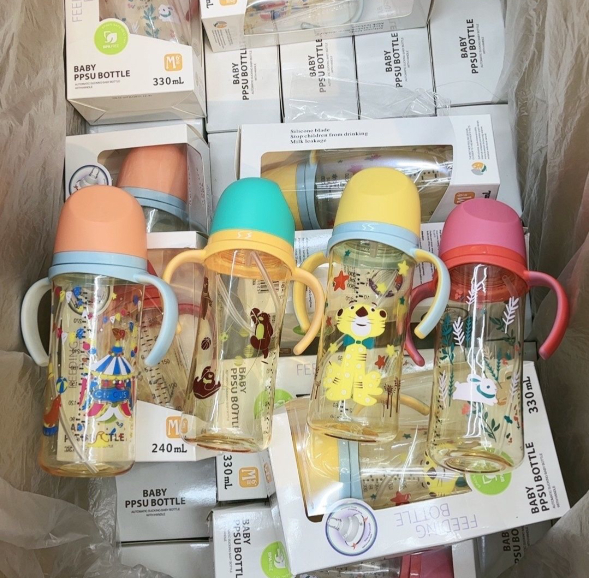 宽口径新生儿把手奶瓶奶嘴儿童PPSU硅胶防胀气婴儿同款彩绘