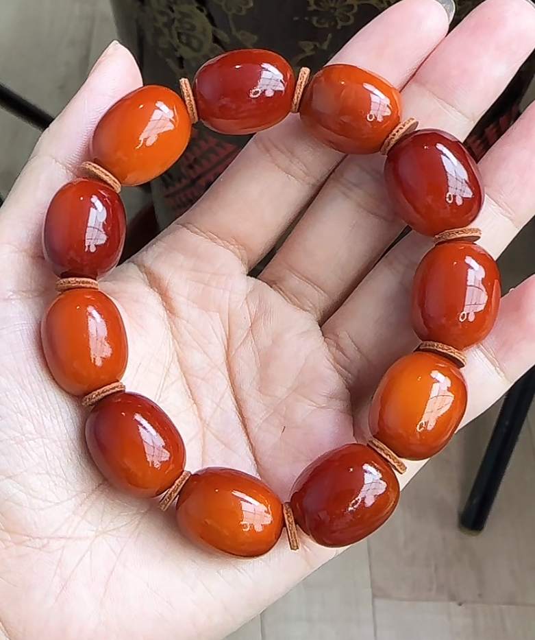 【齐福珠宝】14mm天然琥珀玉化老腊枣珠手串 （多样性发其一）