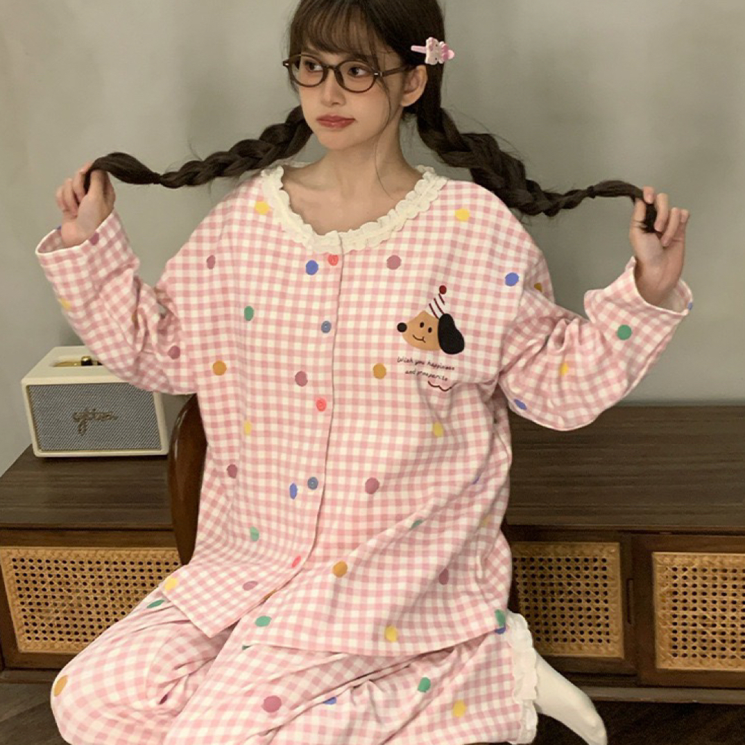 格子睡衣女春秋季彩色波点小狗日系可爱长袖长裤家居服可外穿套装