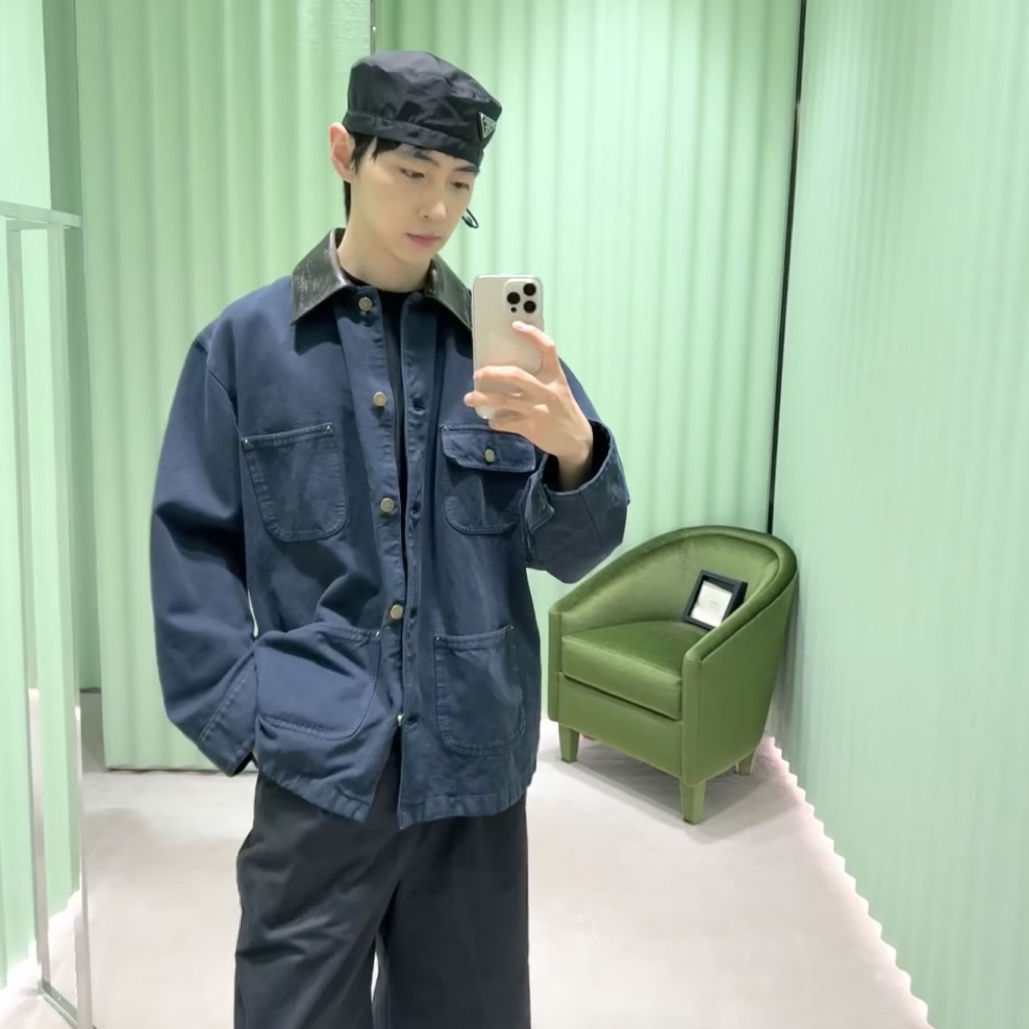 皮领工装夹克水洗宽松中长款外套