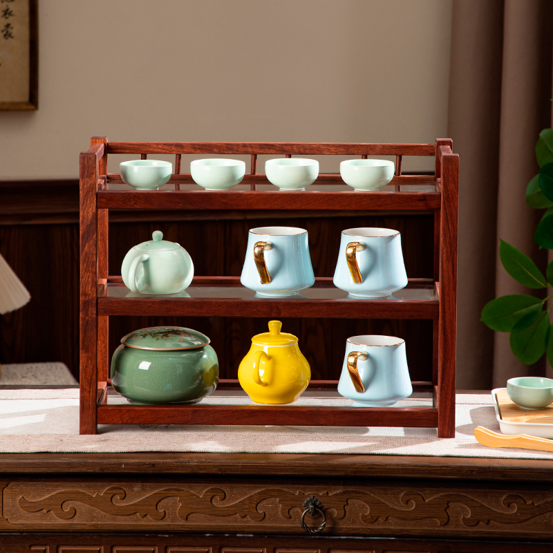 缅甸花梨木原木桌面置物架新中式红木多功能茶具收纳架