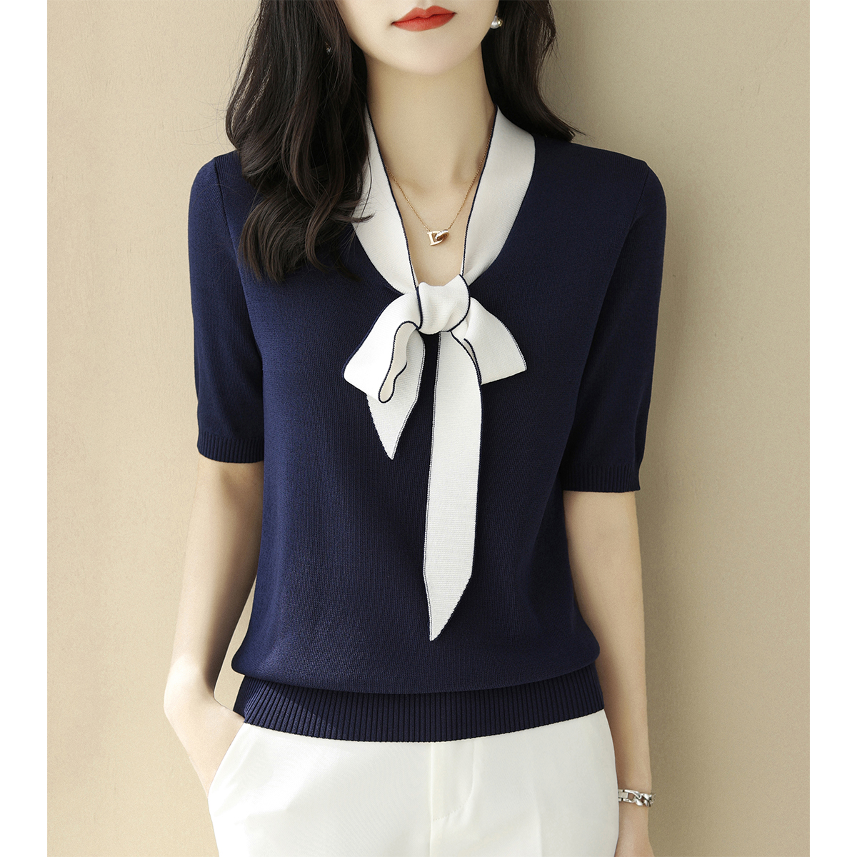 2025夏季新款系带蝴蝶结上衣V领飘带拼色五分袖宽松显瘦针织衫女