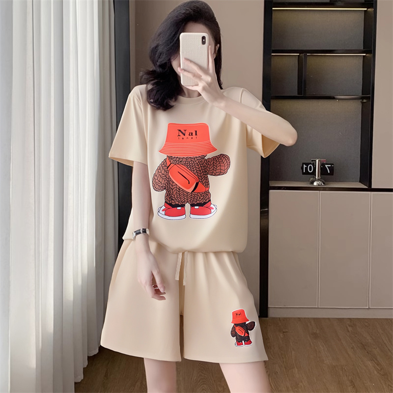 【粉丝专属】2件套夏季女短袖短裤宽松圆领百搭印花套装女246