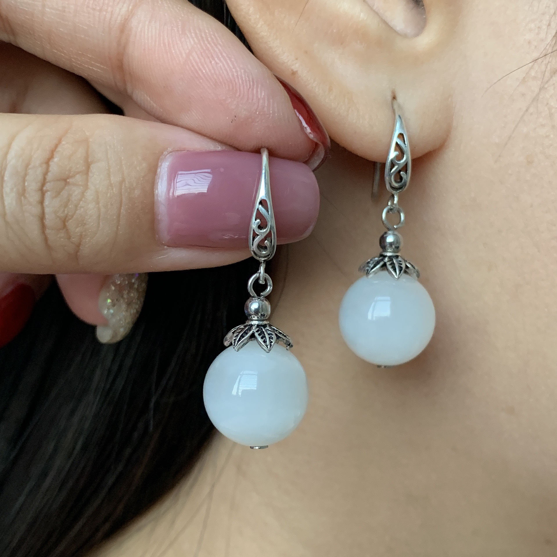 天然和田玉白玉卡12mm左右通体S925银镶嵌时尚气质百搭耳环