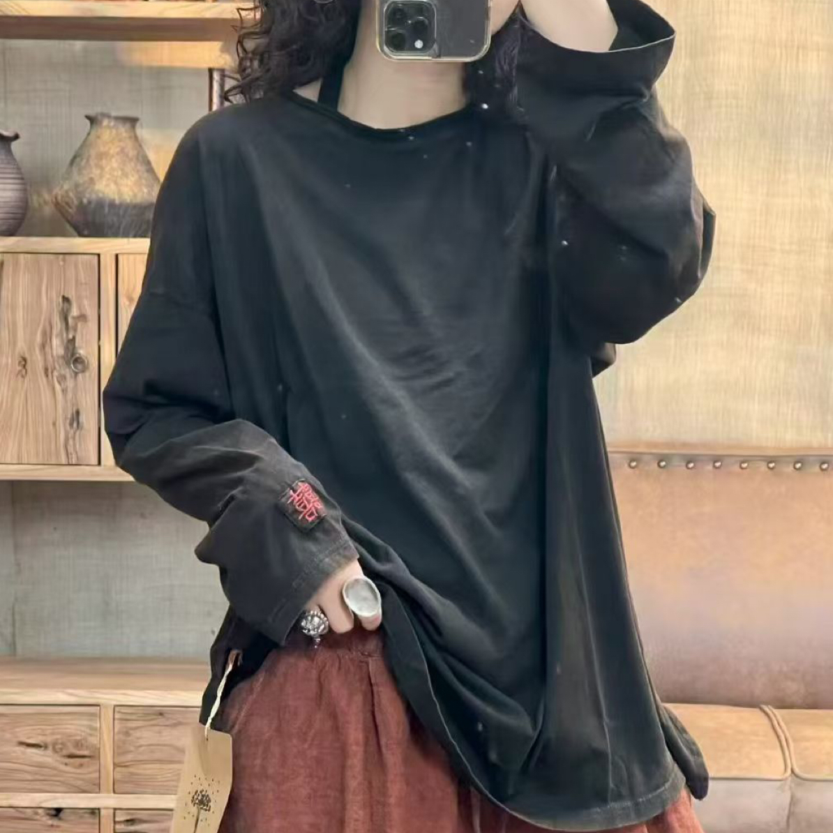 纯棉炒色手工刺绣囍字圆领长袖宽松百搭打底