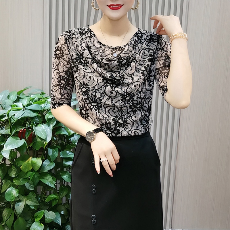秋季新款修身显瘦时尚中袖堆堆领女装T恤减龄洋气气质百搭小衫