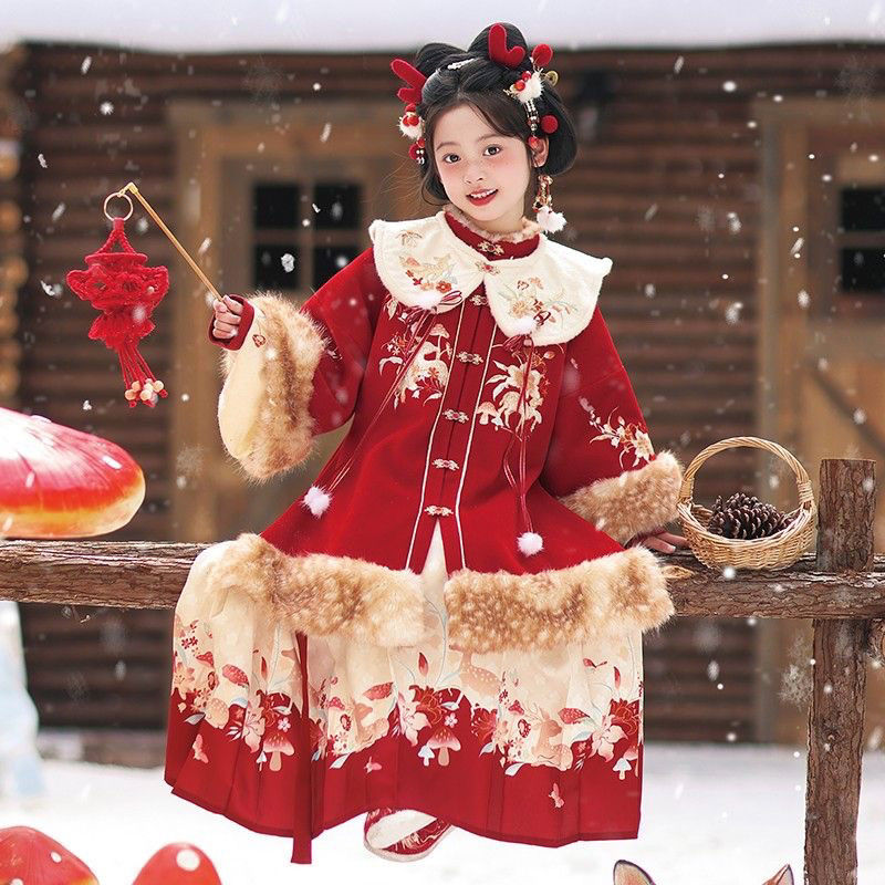 汉服2025女2024中国风冬装女童红色宝宝刺绣加厚拜年服加绒