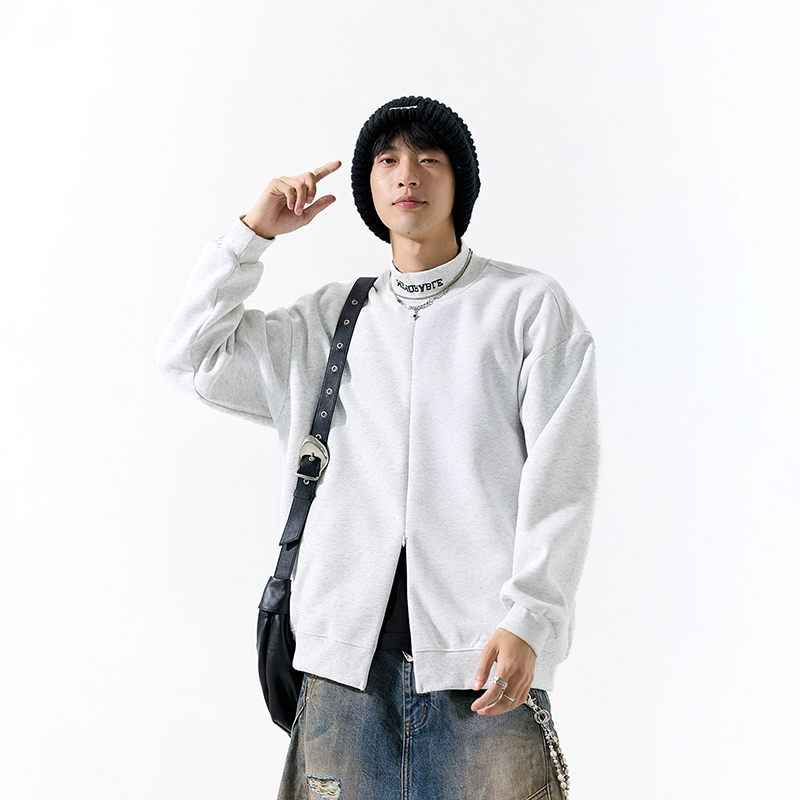 灰色半拉链卫衣男秋冬款美式复古重磅立领上衣cleanfit半高领外套