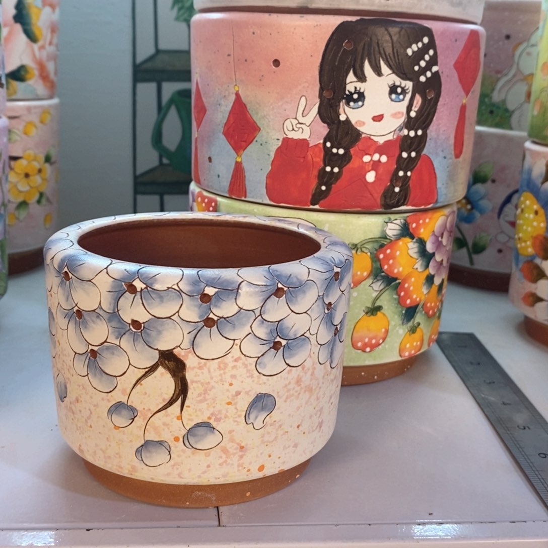 紫砂花盆红陶手绘花盆