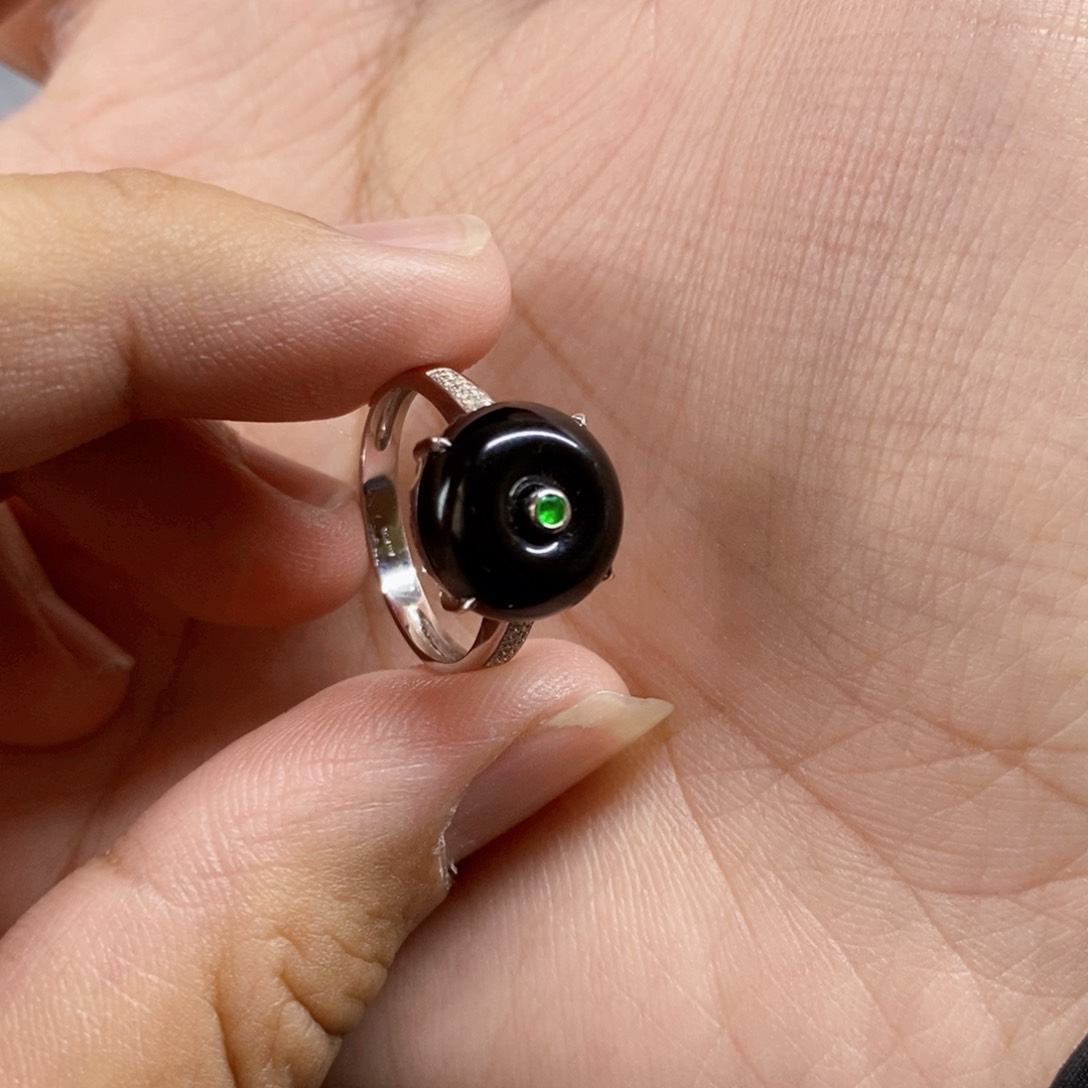 翡翠颈饰18K金镶嵌墨翠平安扣戒指