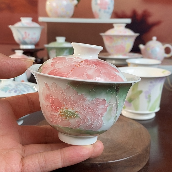 荷韵盖碗釉下手绘高温