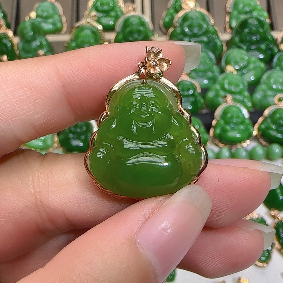 和田玉（碧玉）吊坠(不含链)18K金镶嵌