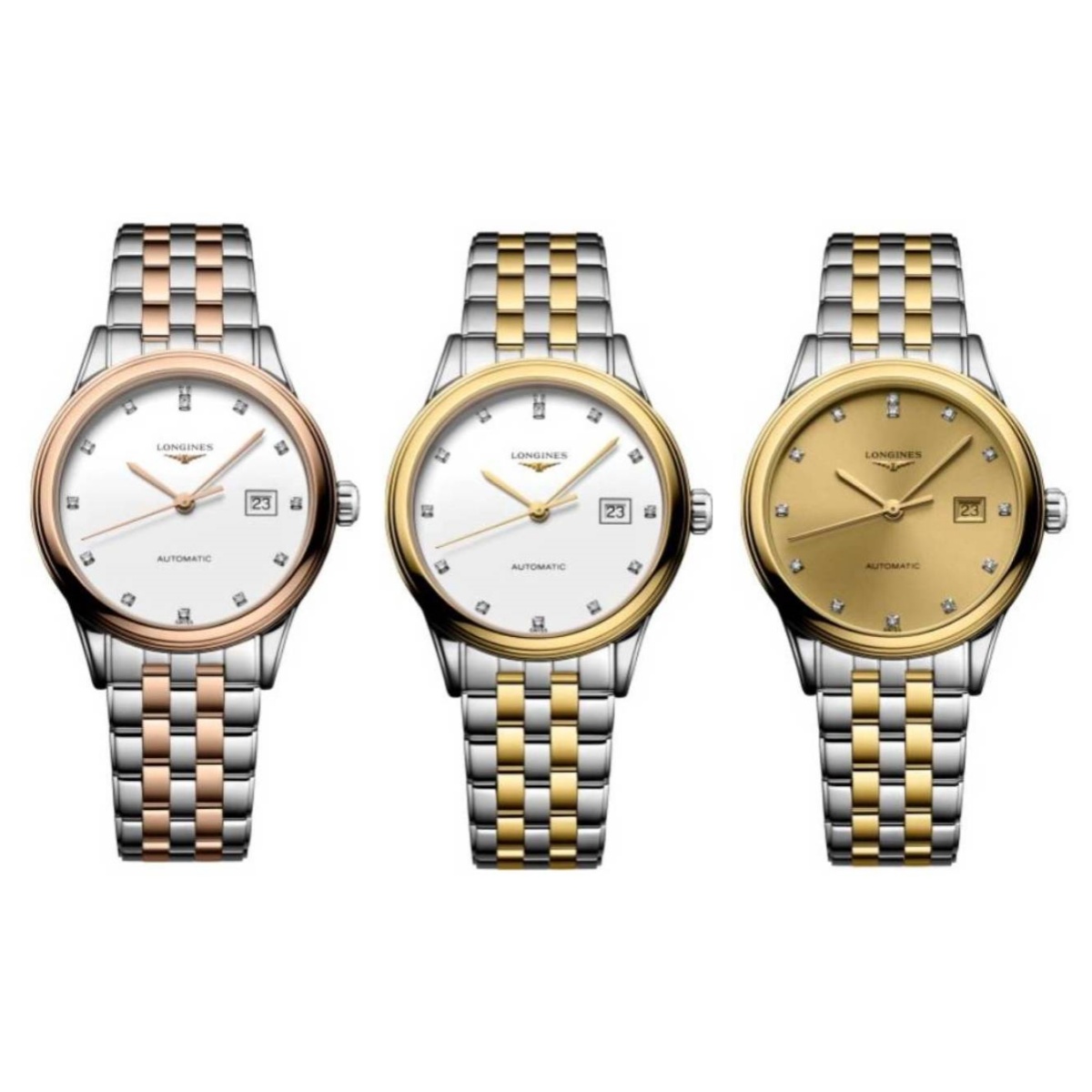99新 Longines/浪琴 军旗374/机械/玫瑰金白钻/表径30mm/女士腕表