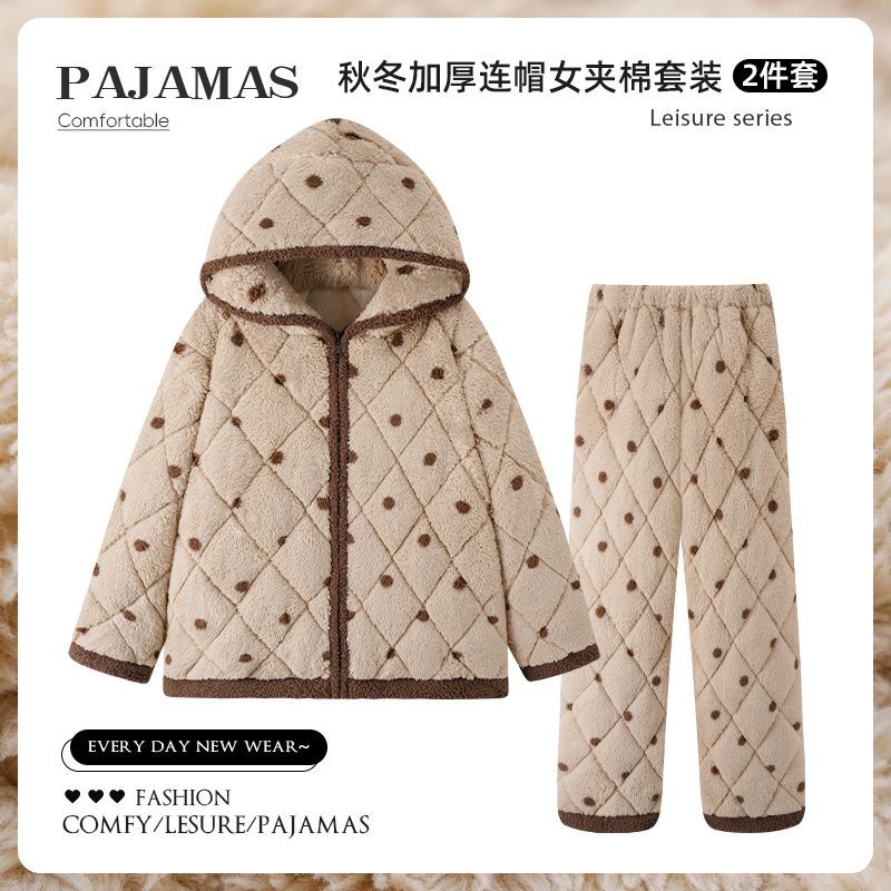 2025冬季睡衣女波点长毛绒三层夹棉珊瑚绒加绒加厚保暖连帽家居服