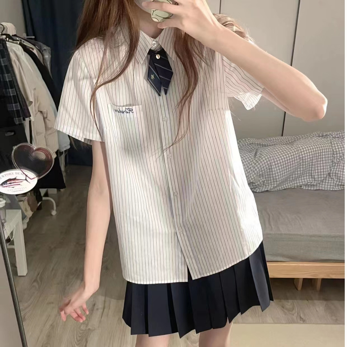 夏季学院风套装女设计感小众条纹短袖衬衫+百褶裙套装