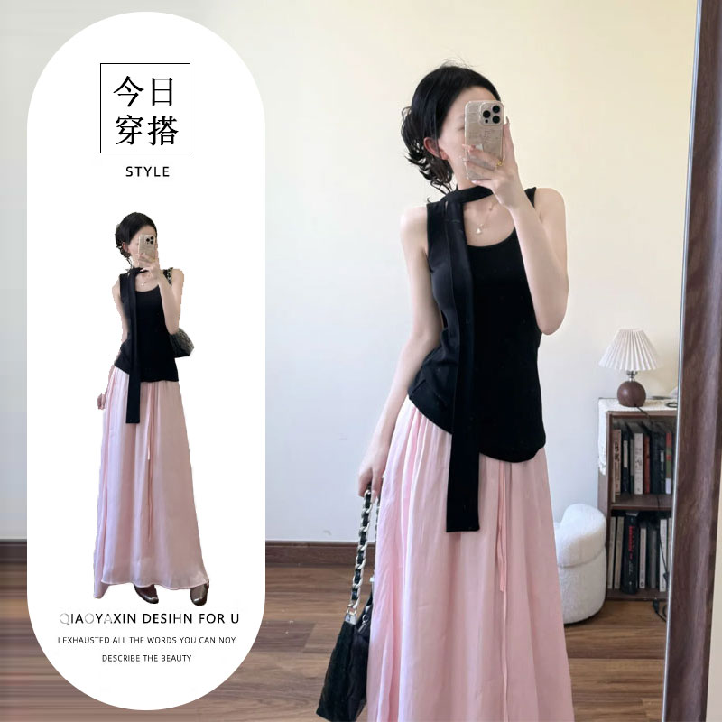 法式慵懒风套装黑色收腰吊带背心女夏季抽绳半身裙大摆裙两件套装