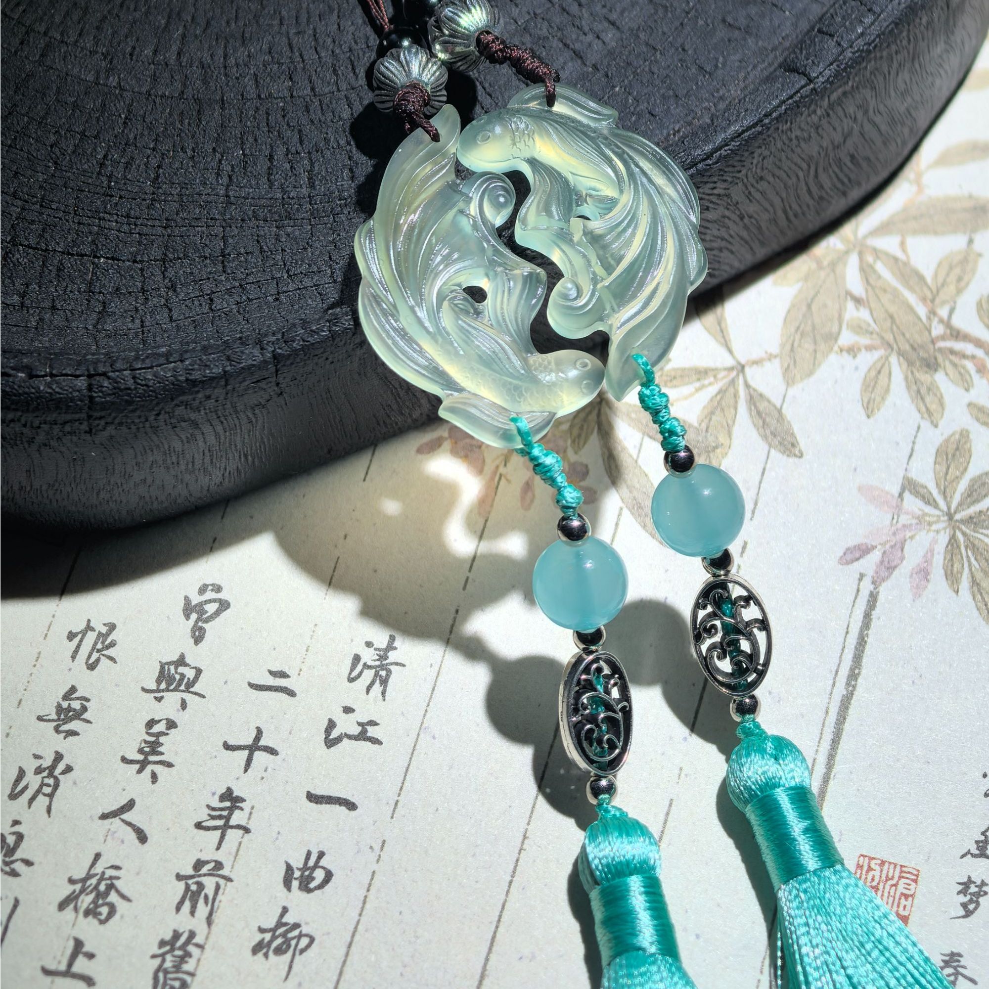 非金属木质吊坠 纯天然水墨纯色双鱼配吊坠雕刻龙凤呈祥情侣古风