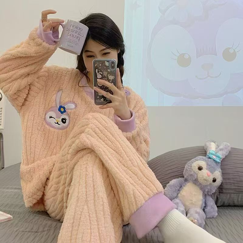 套装保暖女士保暖睡衣家居服套装卡通宽松冬季加绒