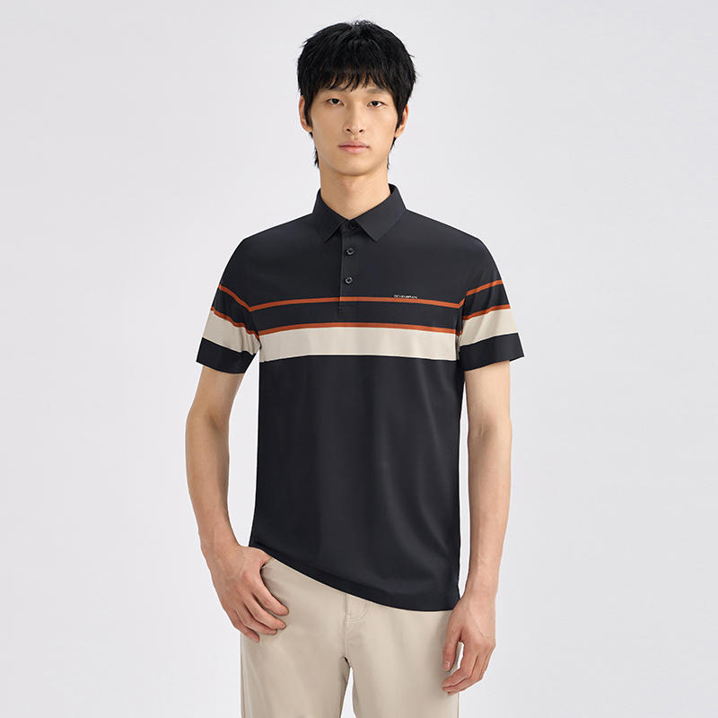 柒牌男士夏季轻薄速干条纹短袖POLO衫翻领休闲户外商务拼色冰感抗