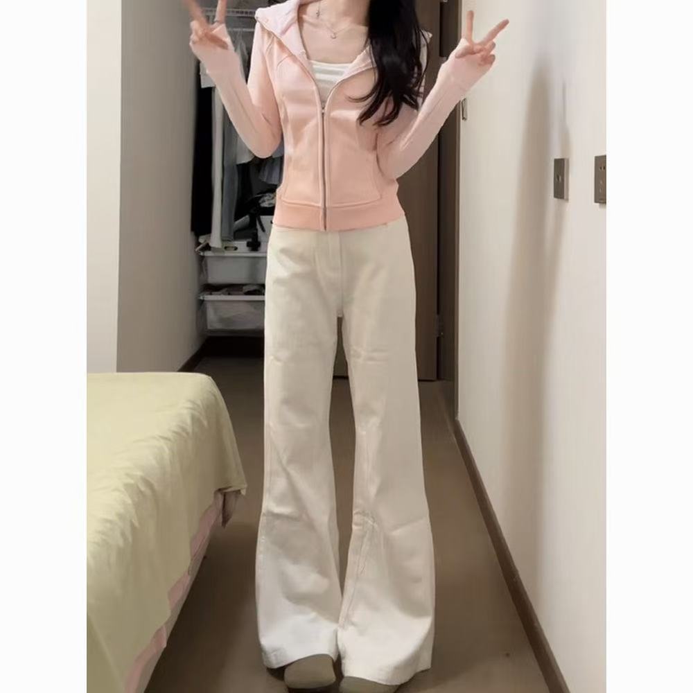 白色微喇叭牛仔裤女2025春夏新款高腰不贴腿显瘦宽松阔腿拖地裤子