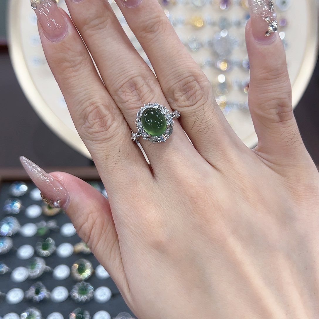 蛇纹石玉戒指银S925镶嵌