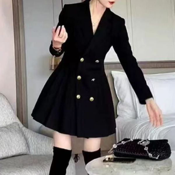 （大嘴）大码显瘦西装连衣裙秋季气质时尚收腰遮肚赫本小黑裙98266