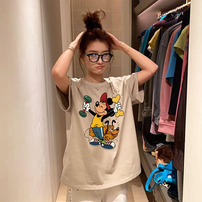 美式ins纯棉短袖t恤百搭印花卡通米奇设计感白色圆领洋气女装潮
