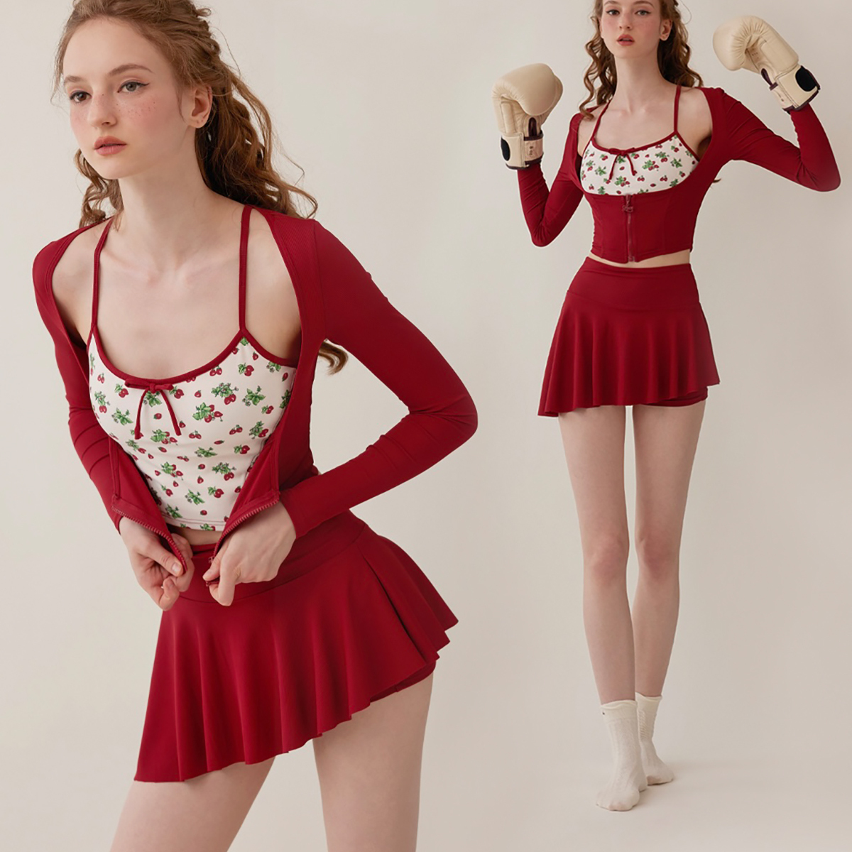 Lacemade 元气草莓酱 法式少女感莓印花吊带开衫半裙套装瑜伽服