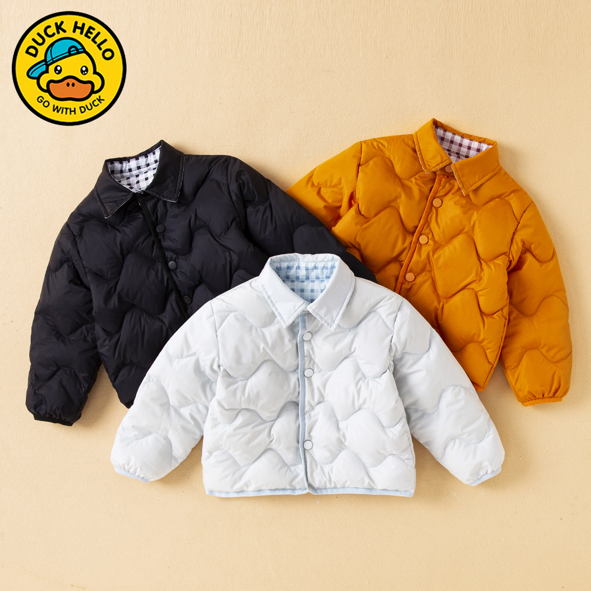 【国标白鸭绒】小黄鸭亲子装男女童格子双面穿冬季羽绒服