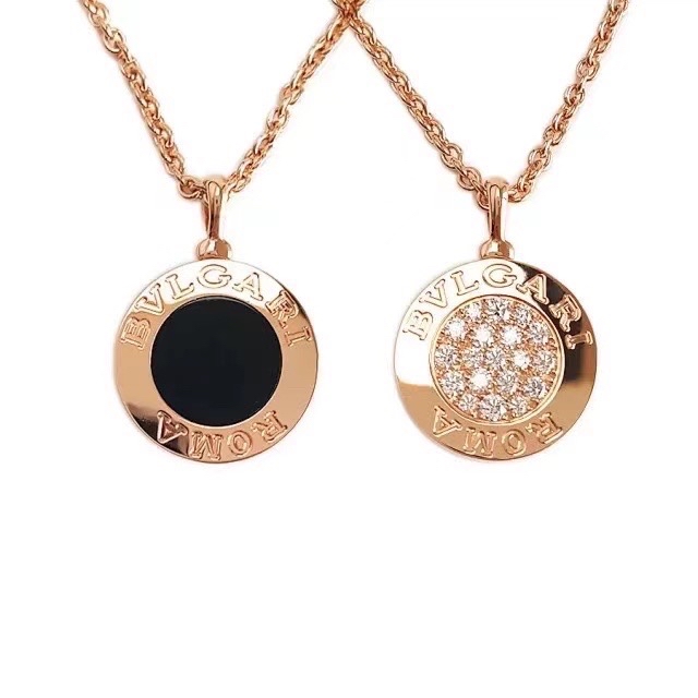 99新 BVLGARI/宝格丽 宝格丽项链 玫瑰金满钻黑玛瑙 双面圆饼项链
