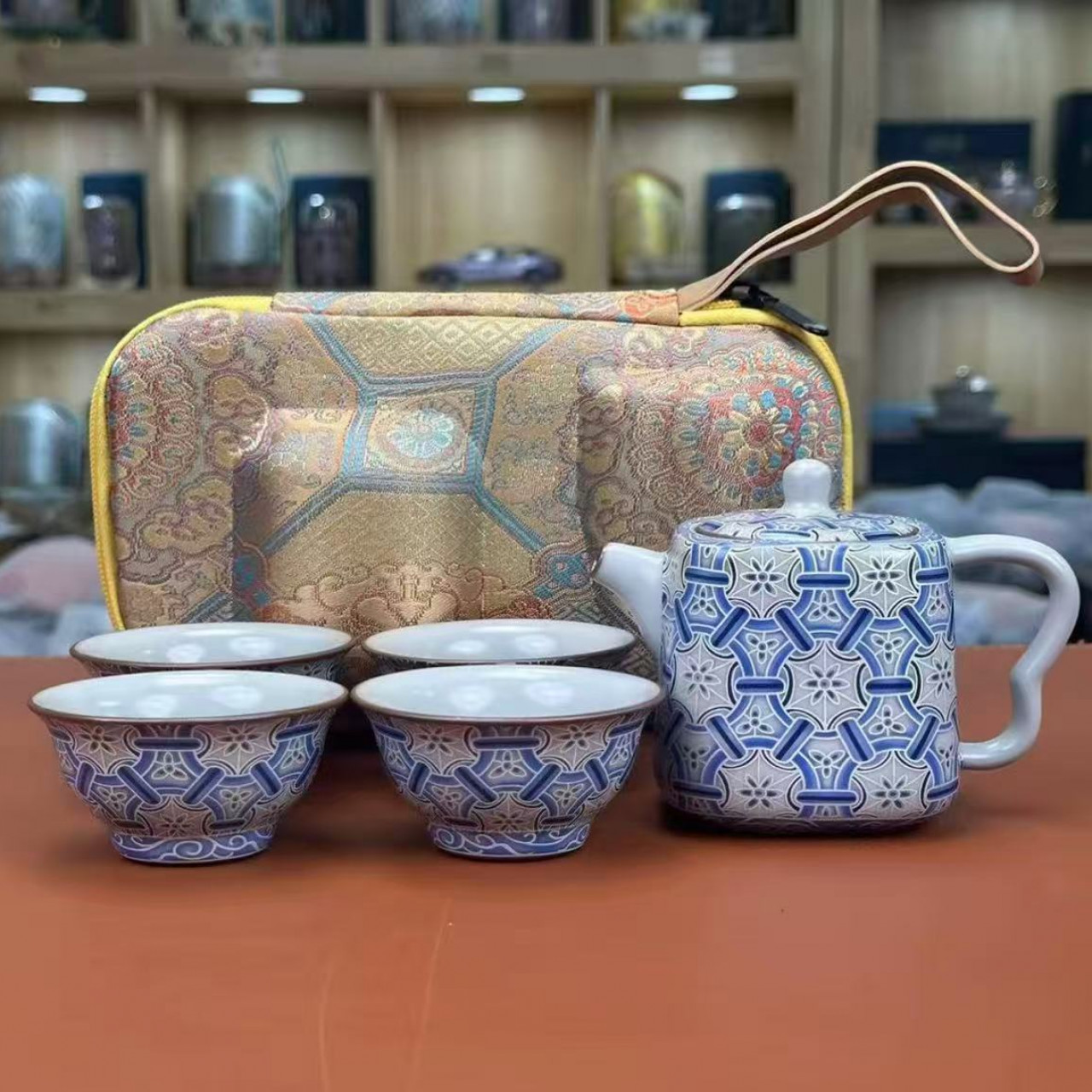 四方壶当代汝窑【龟背纹】一壶4杯（礼盒装）