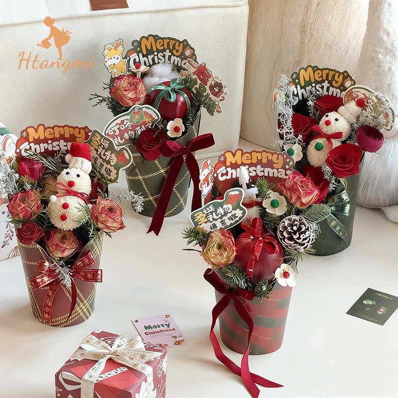 【汉唐美】圣诞节快乐圆盒手提圆形花盒平安夜苹果插花花艺材料diy