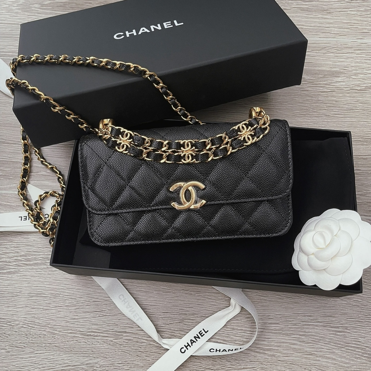 99新 Chanel/香奈儿 艾瑟尔中古/22k黑金荔枝woc单肩包/c162