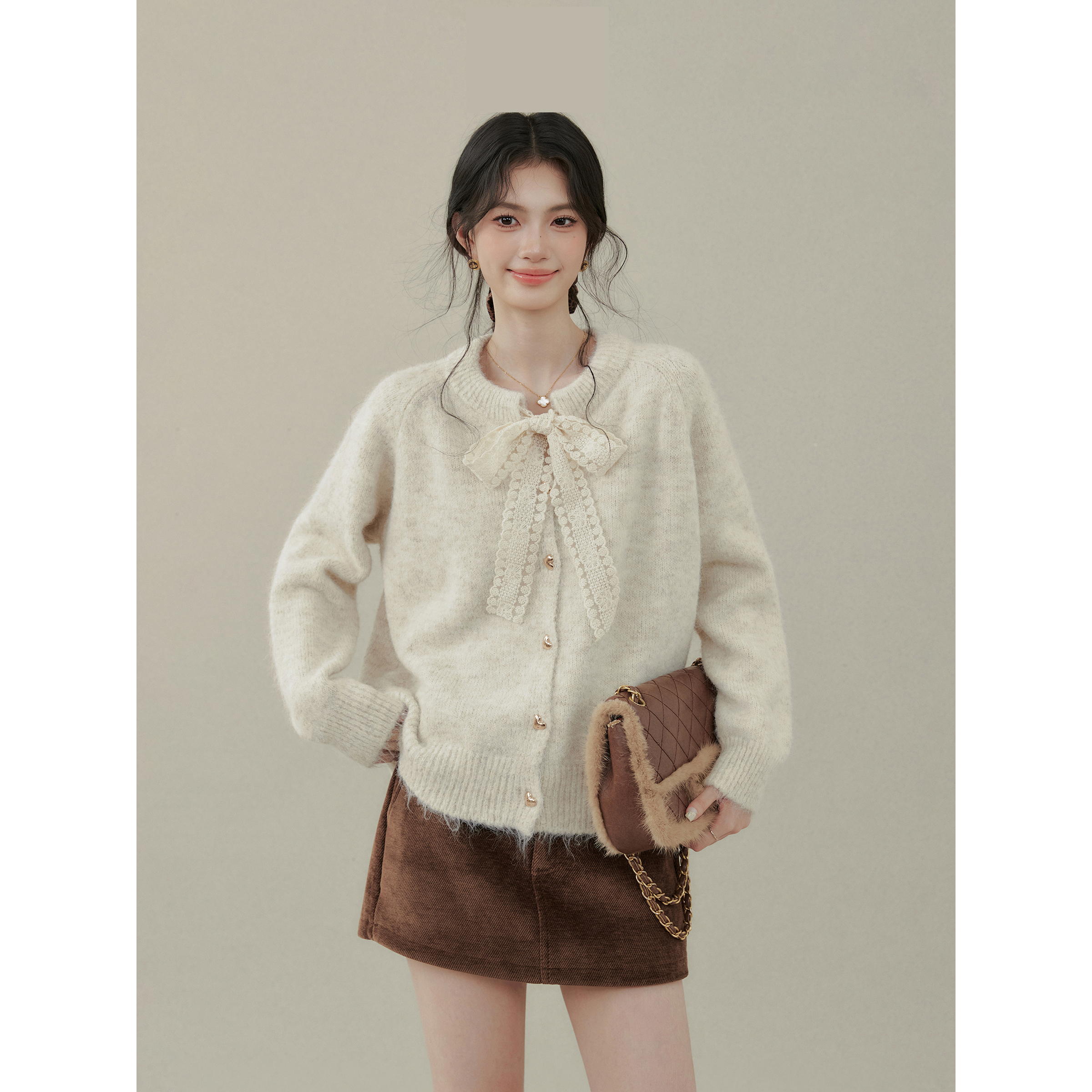 【大码】 1401蕾丝系带毛衣开衫女秋冬季慵懒风软糯针织外套