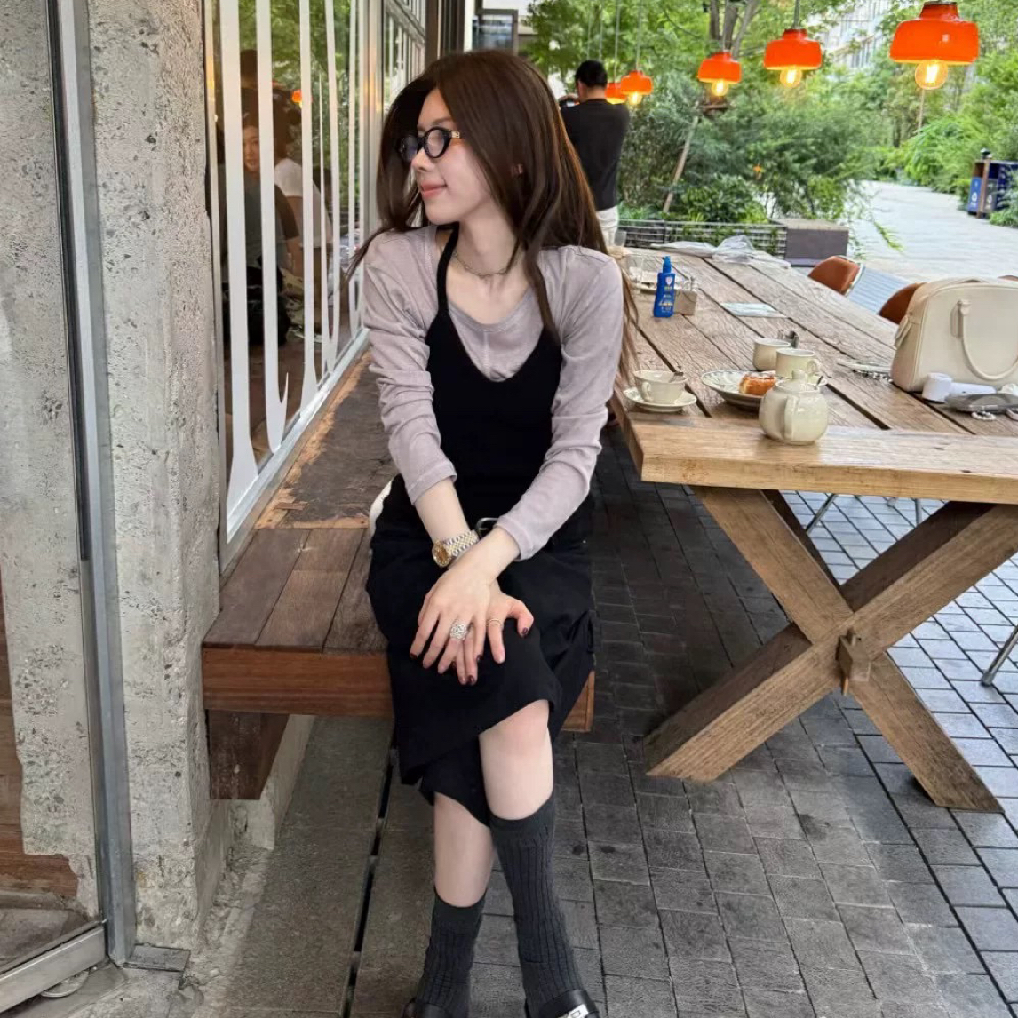 ALLIN正品秋季新款首发韩代百搭显瘦圆领针织T恤+背心套装女