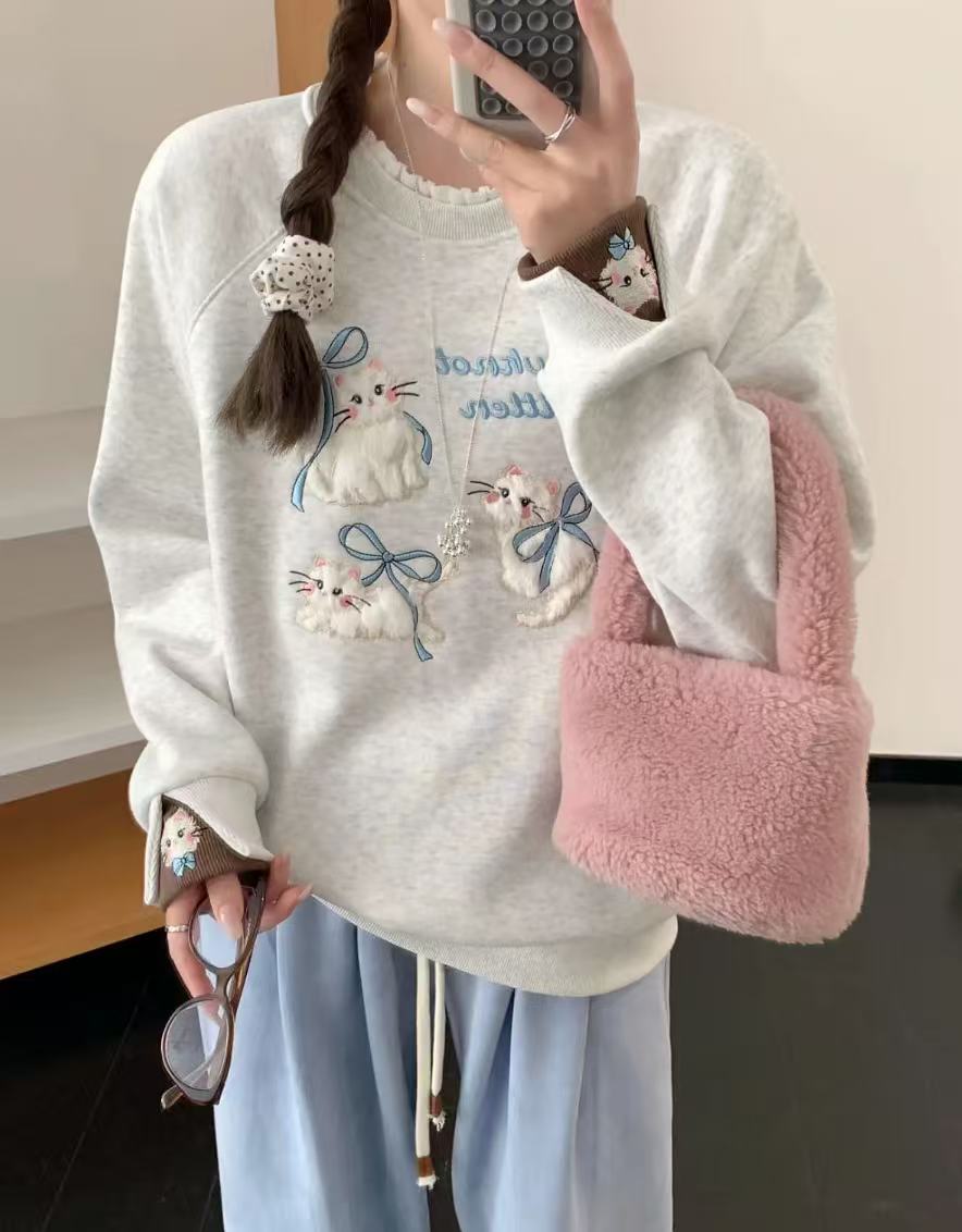 小雅姐姐【珍珠猫卫衣】加绒刺绣花边领甜美卫衣KH62