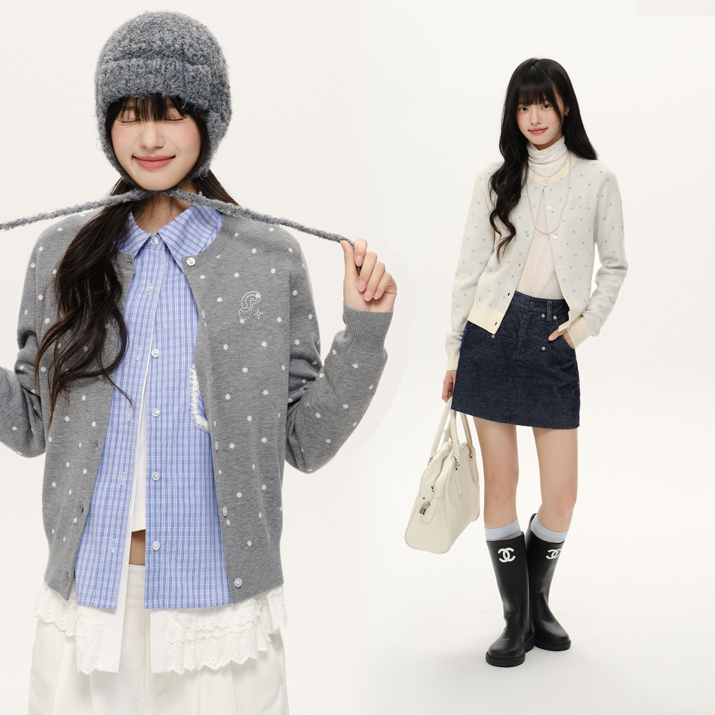 PSO Brand 【抗菌/发热纱】女装烫钻波点开衫长袖针织毛衣NMY017