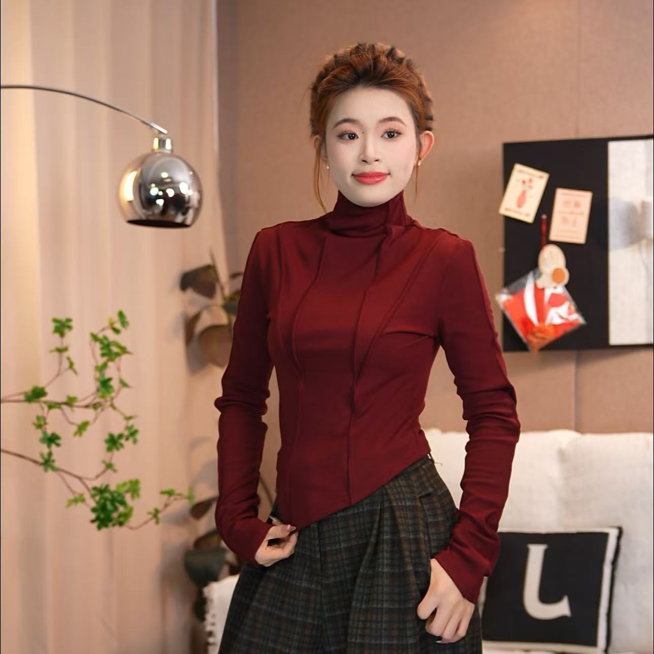 玉姐-立体半高领修身显瘦套头打底衫长袖保暖弹力打底衫冬季新款