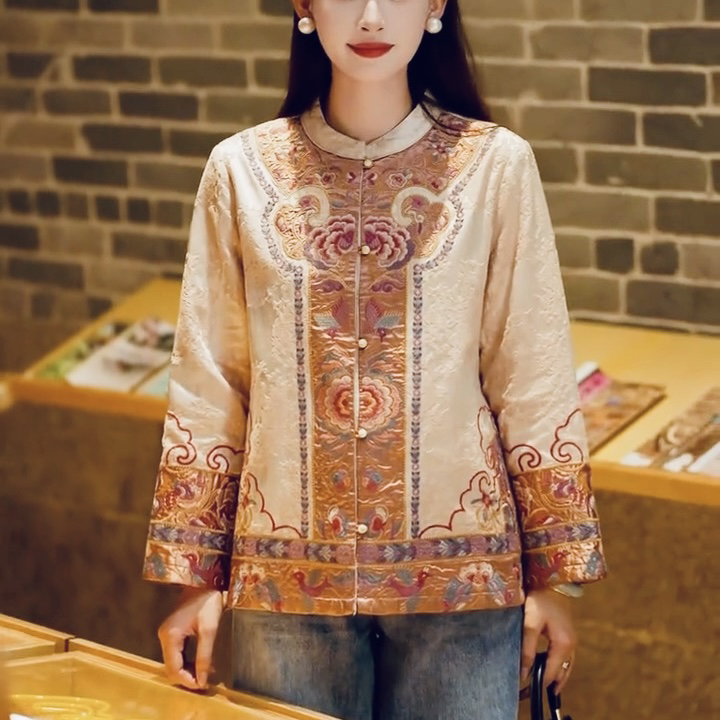 【婳】原创新中式国风复古重工刺绣圆领斜襟盘扣外套绣花太太服上衣
