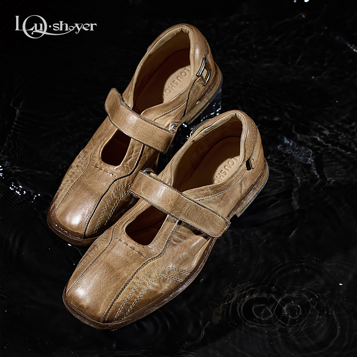 LOU SHOYER单鞋女水洗马皮复古一字带浅口方头平底玛丽珍鞋小皮鞋