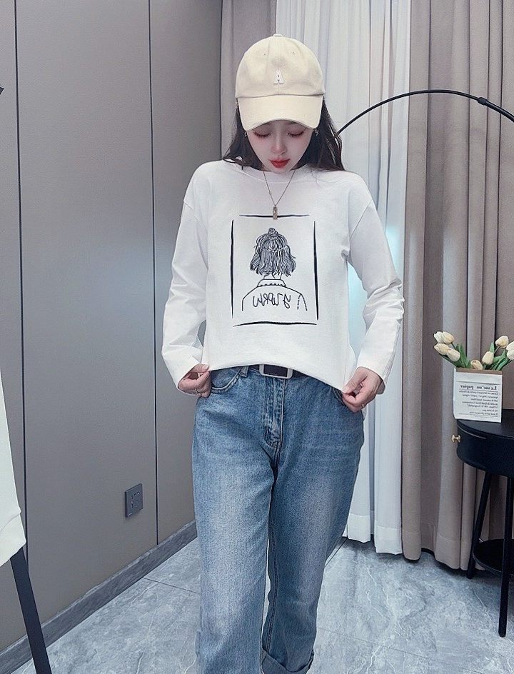 2023早秋季新款纯棉长袖T恤女中长款韩版宽松上衣时尚打底衫休闲