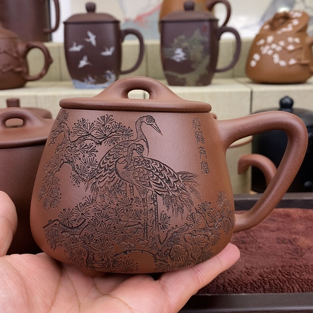 紫砂茶杯紫泥手工仙鹤石瓢