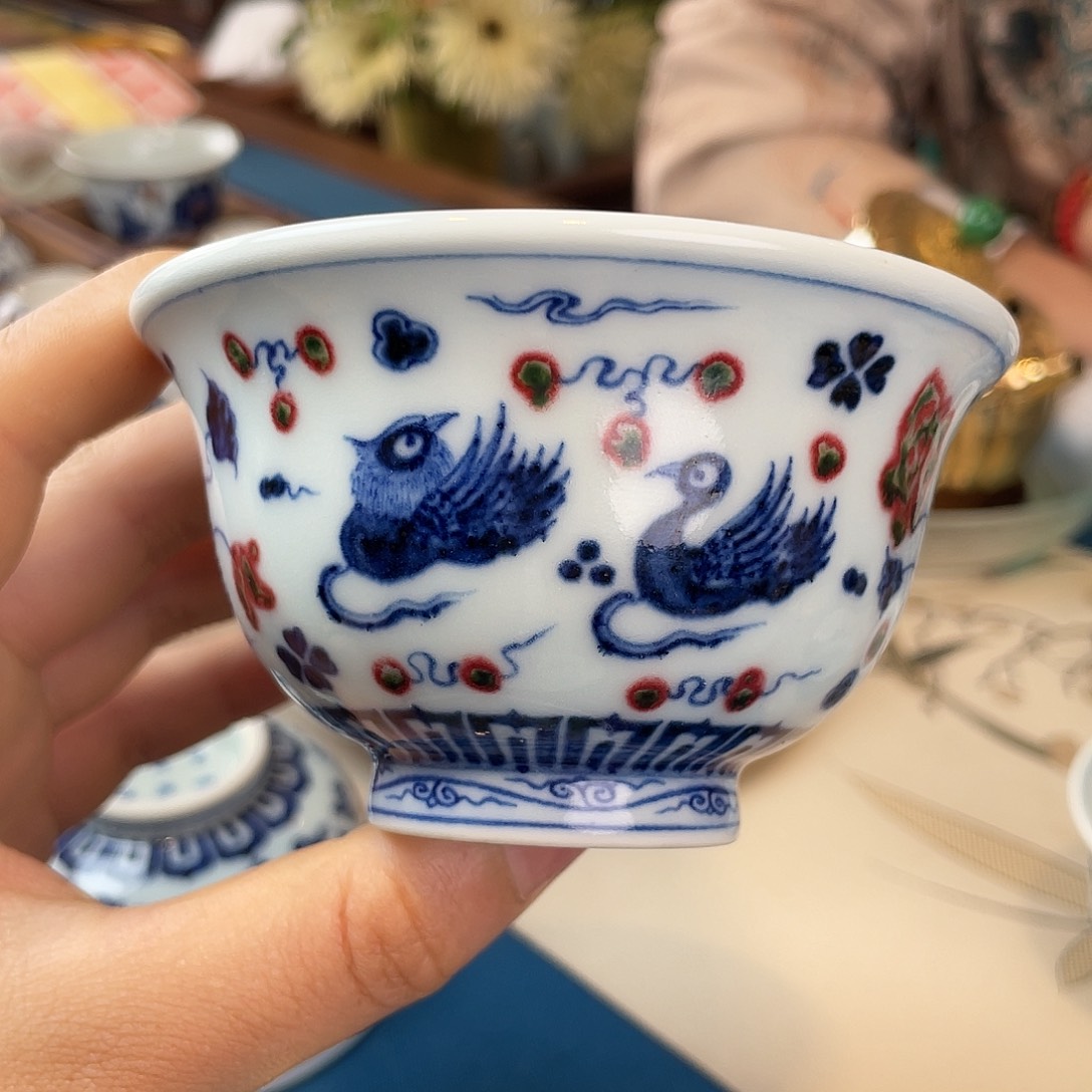 怪***花和然窑青花釉里红鸳鸯戏水压手
