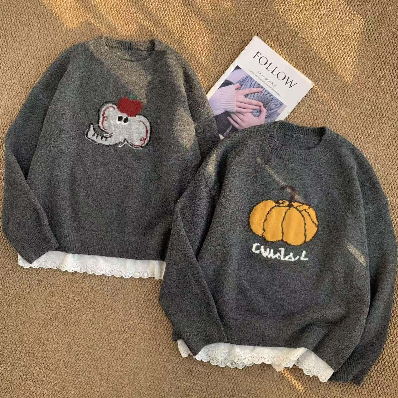 ［巧巧定制］新款韩版百搭修身显瘦时尚下拼接蕾丝南瓜针织长袖7148