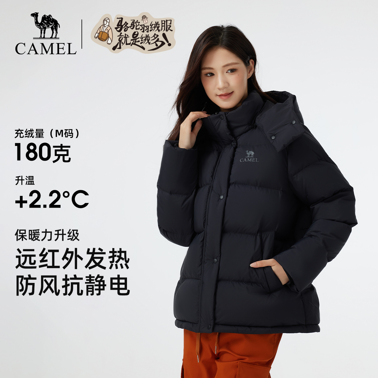 骆驼2025新女款羽绒服90%绒保暖秋冬户外面包服加厚可拆卸帽