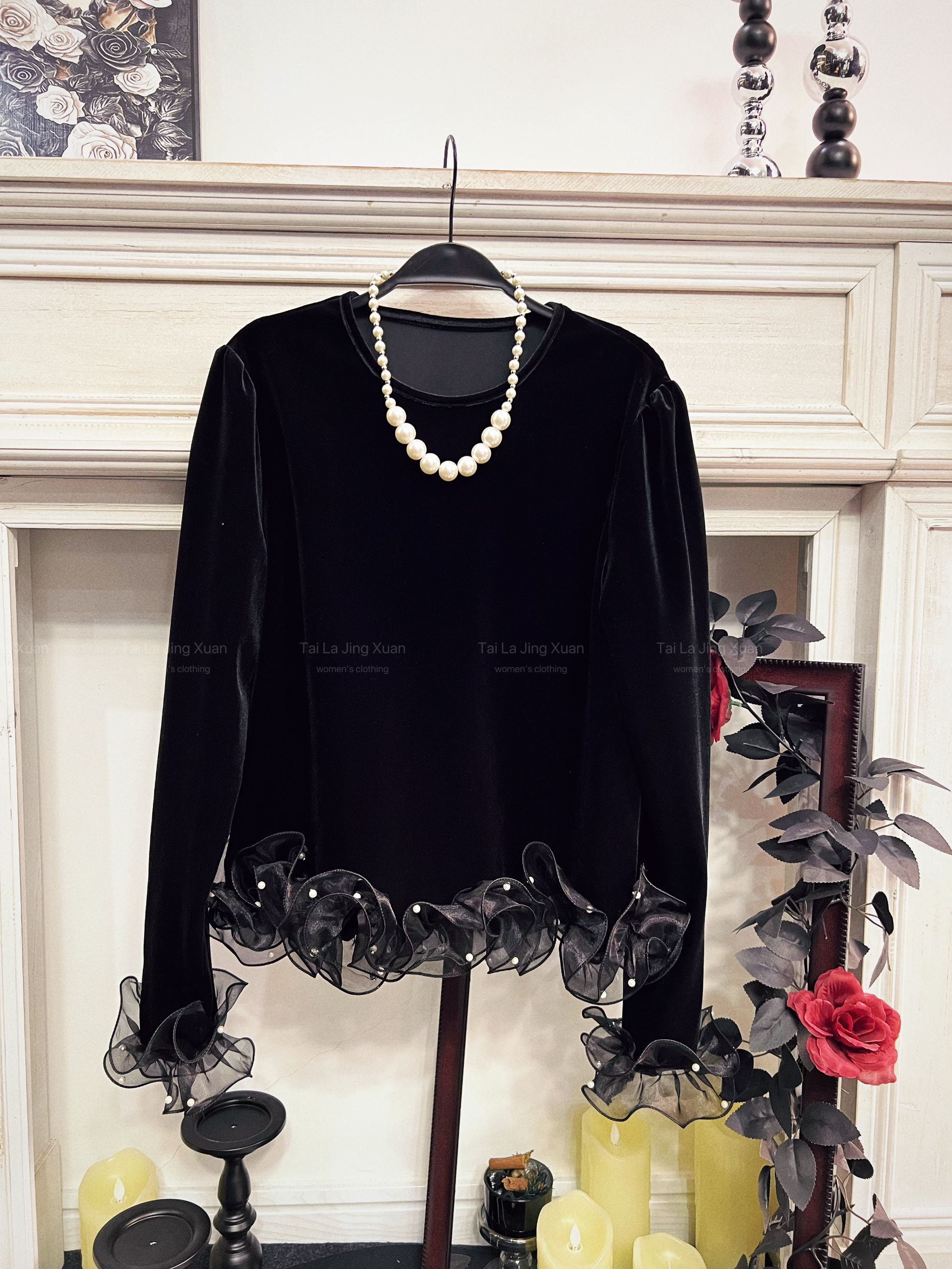 「鎏光黑玫」高级感珍珠丝绒女时尚气质法式设计感上衣