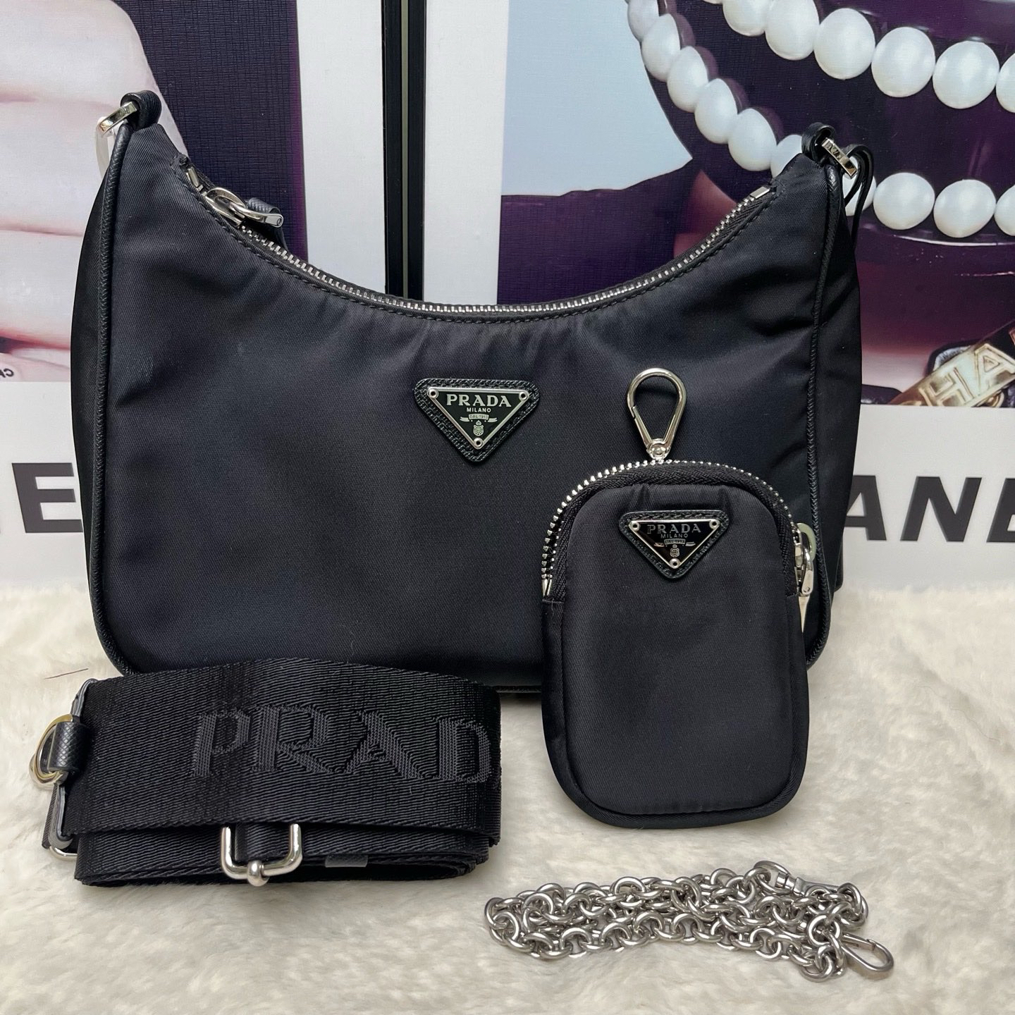 99新 Prada/普拉达 黑色尼龙三合一斜挎包