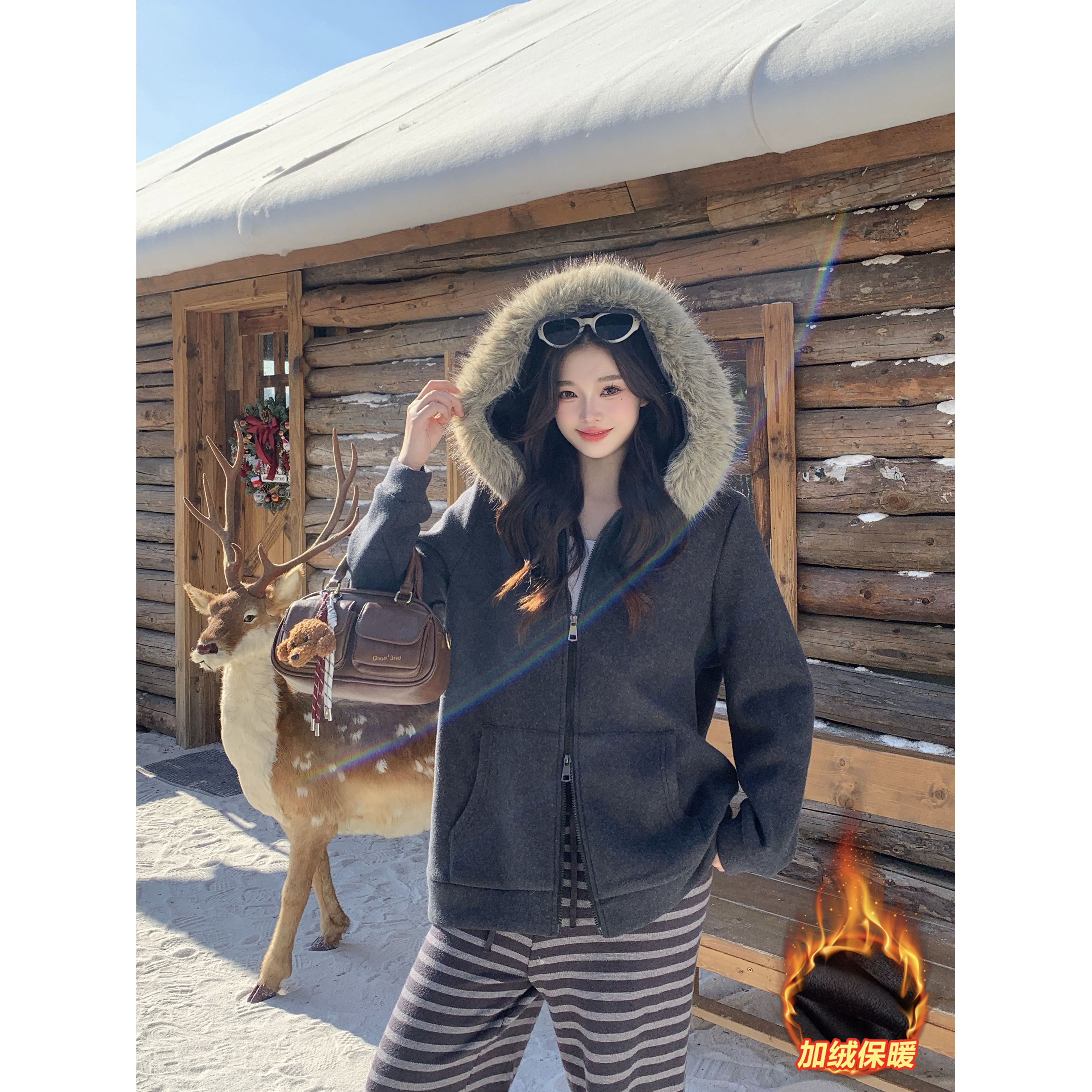 大码女美式毛领加绒时尚连帽外套胖mm冬季厚款保暖灰色卫衣80729