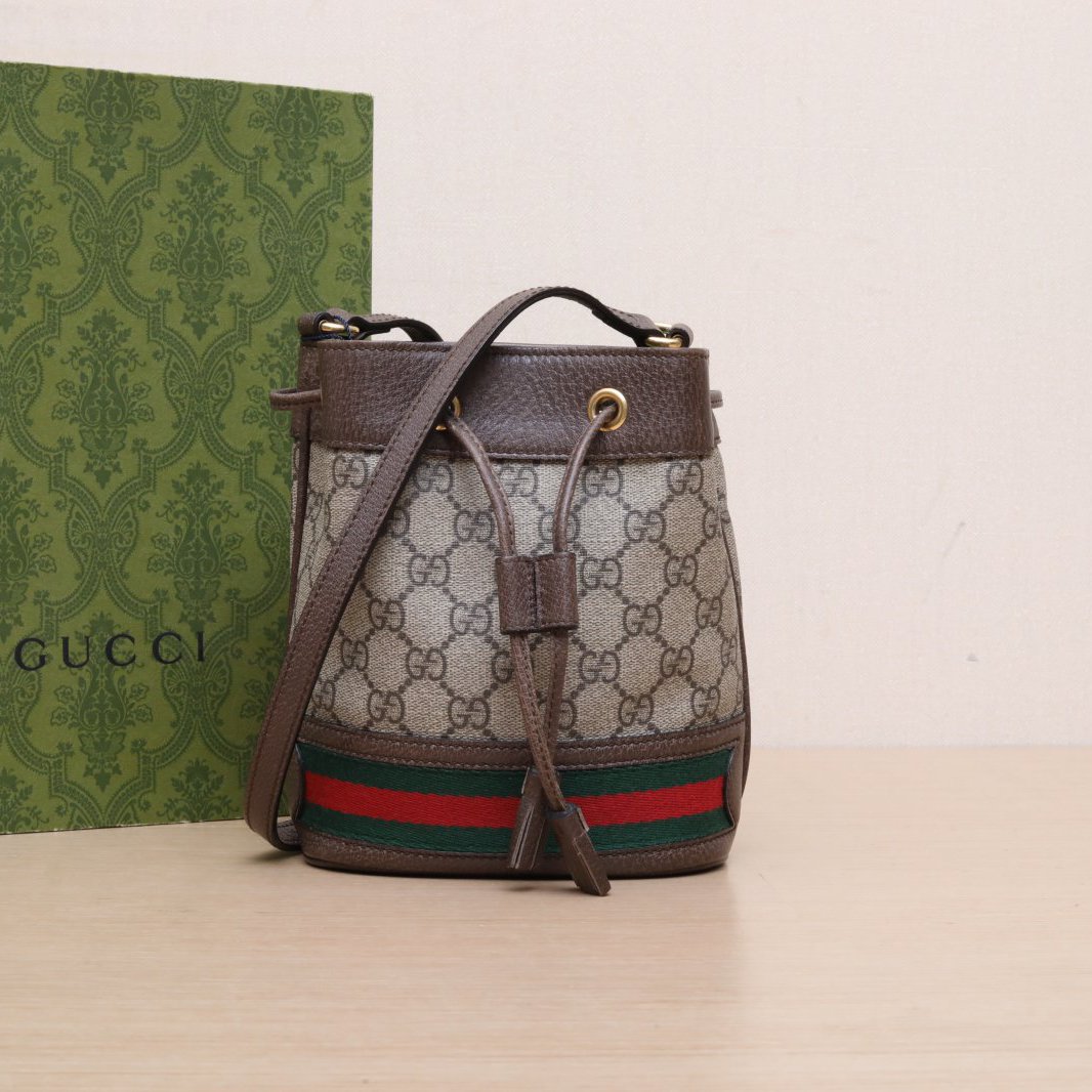 95新 GUCCI/古驰 小花攀攀Ophidia 抽绳水桶包 Mini 15.5 乌木色